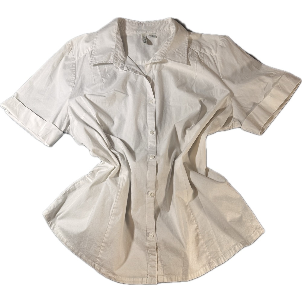 St. Johns Bay Womens White Short Sleeve Button Down Stretch Shirt Size XL